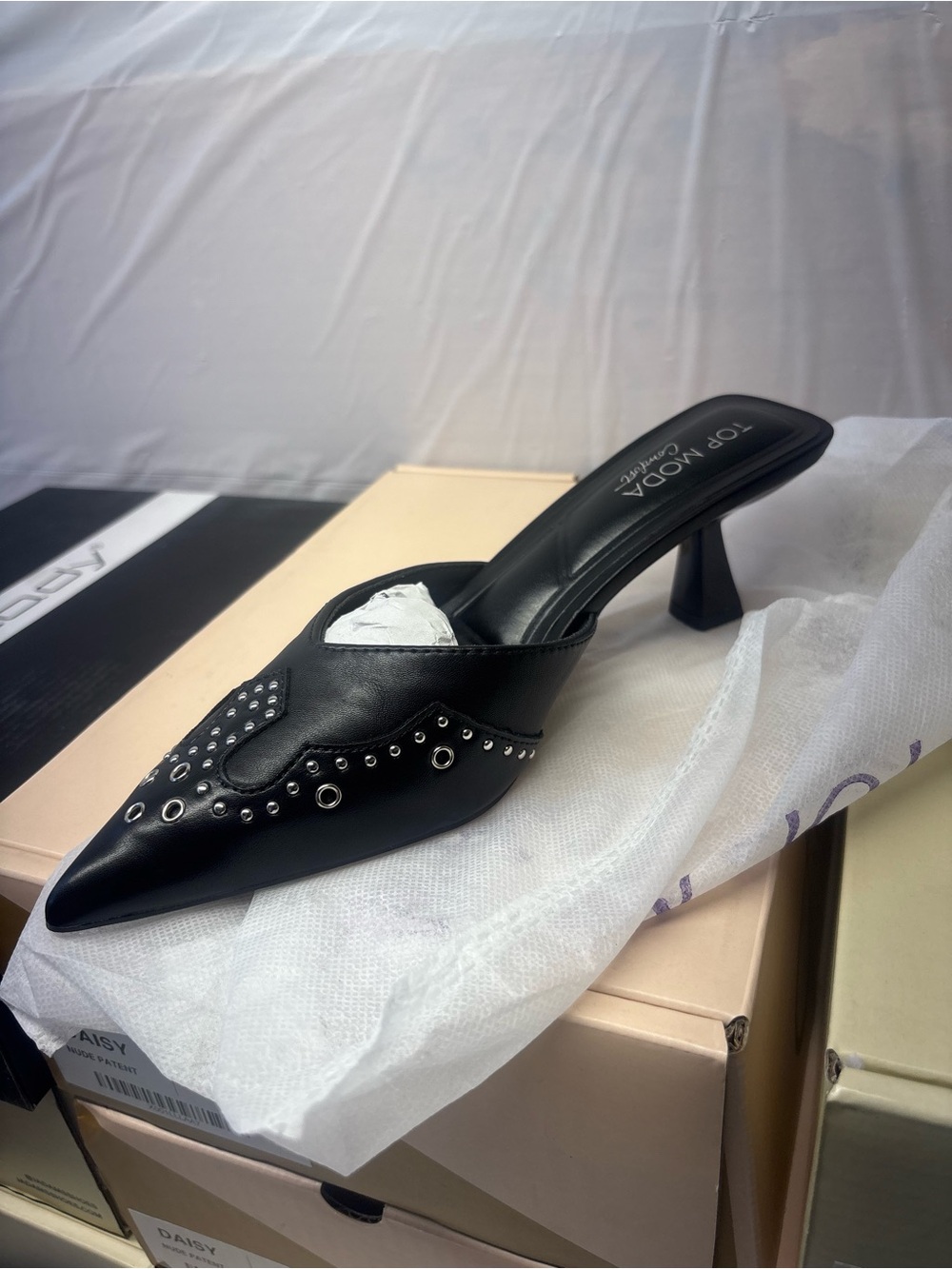 TOP Moda Black Studded Pointed Toe Mule Heel